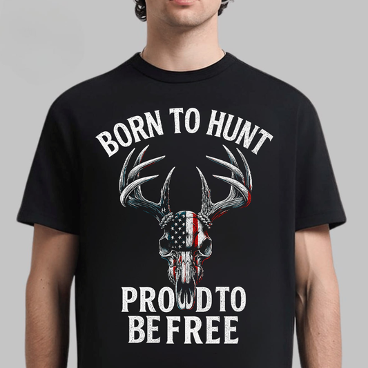 Born to Hunt Proud to Be Free T-Shirt, Patriotic Deer Skull Hunting Shirt with American Flag