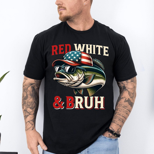 Red White & Bruh T-Shirt, Funny Patriotic Fishing Shirt, American Flag Bass Fishing Tee