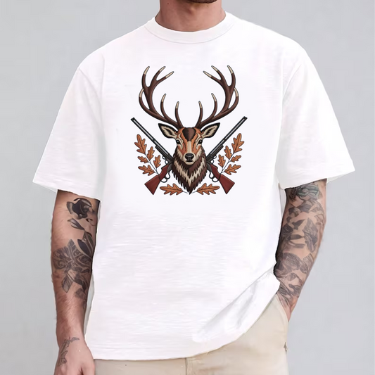 Deer Hunting Embroidery T-Shirt, Buck Head with Rifles Outdoor Hunter Graphic Tee, Wildlife Embroidered Shirt Gift