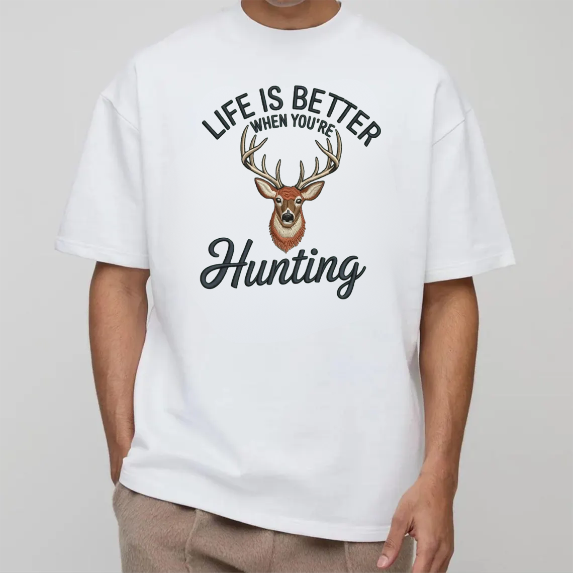 Life Is Better Hunting Embroidery T-Shirt, Deer Buck Hunting Graphic Tee for Men, Outdoor Hunter Embroidered Shirt Gift