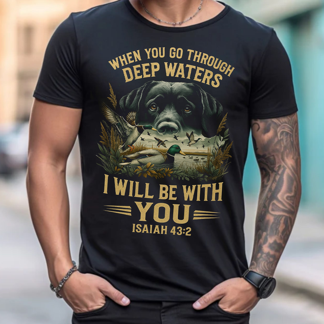 When You Go Through Deep Waters I Will Be With You T-Shirt, Isaiah 43:2 Bible Verse Christian Shirt with Dog and Duck Hunting Design