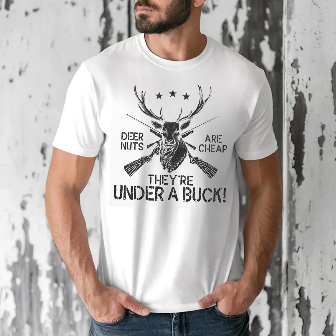 Funny Deer Hunting T-Shirt, Deer Nuts Are Cheap Under a Buck Shirt, Buck Hunter Joke Graphic Tee Gift