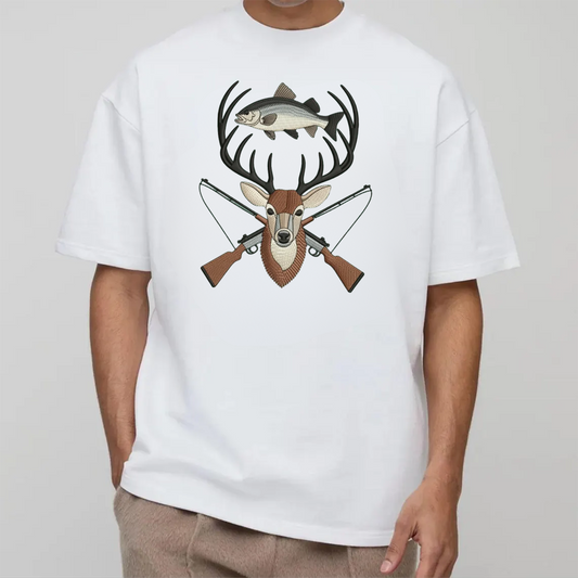 Deer and Fish Embroidery T-Shirt, Hunting and Fishing Graphic Tee, Wildlife Embroidered Shirt Gift