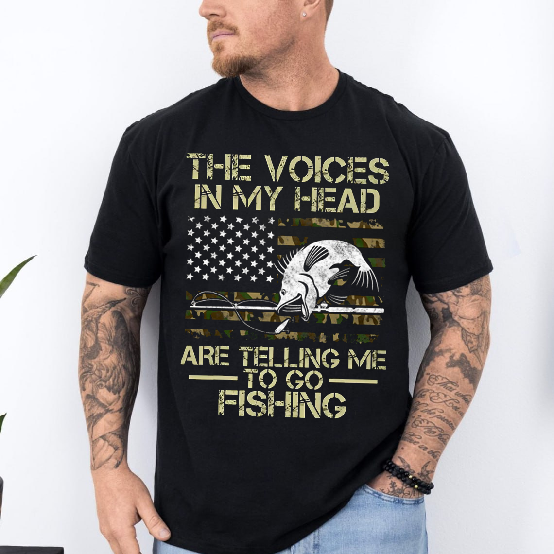 Funny Fishing T-Shirt for Men, The Voices in My Head Are Telling Me to Go Fishing Shirt, Bass Fish American Flag Tee