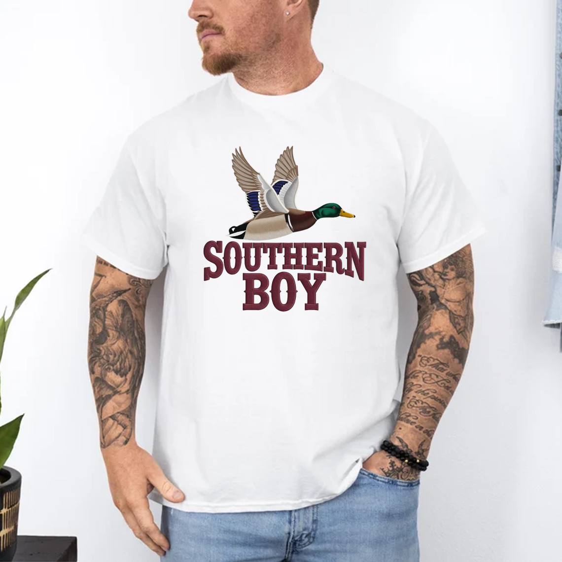 Southern Boy Embroidery T-Shirt, Duck Hunting Graphic Tee, Mallard Waterfowl Outdoor Embroidered Shirt Gift