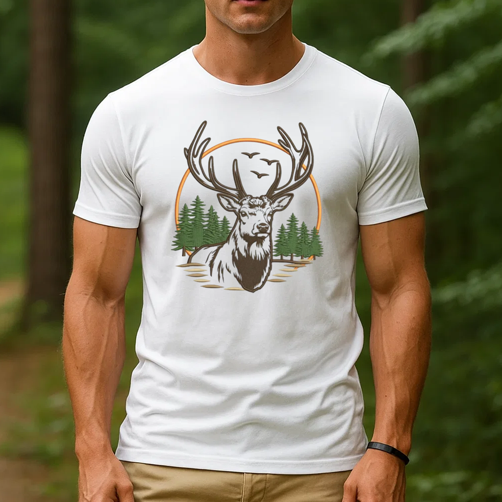 Deer Embroidery T-Shirt, Hunting Buck Graphic Tee, Outdoor Wildlife Embroidered Shirt Gift