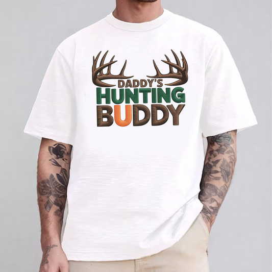 Daddy’s Hunting Buddy Embroidery T-Shirt, Deer Antler Hunting Graphic Tee, Outdoor Hunter Shirt Gift