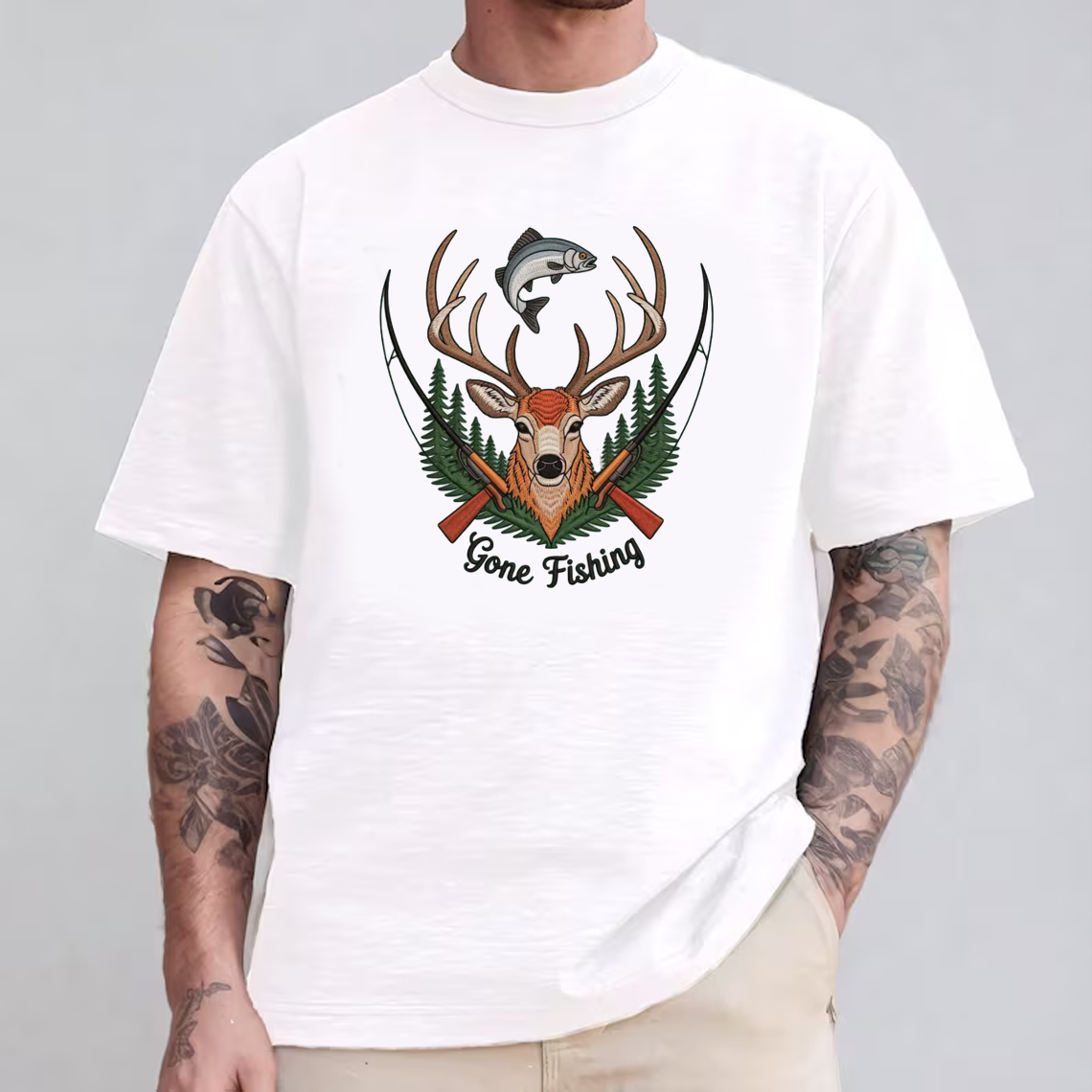 Gone Fishing Embroidery T-Shirt, Deer Buck and Fish Hunting Graphic Tee, Outdoor Wildlife Embroidered Shirt Gift