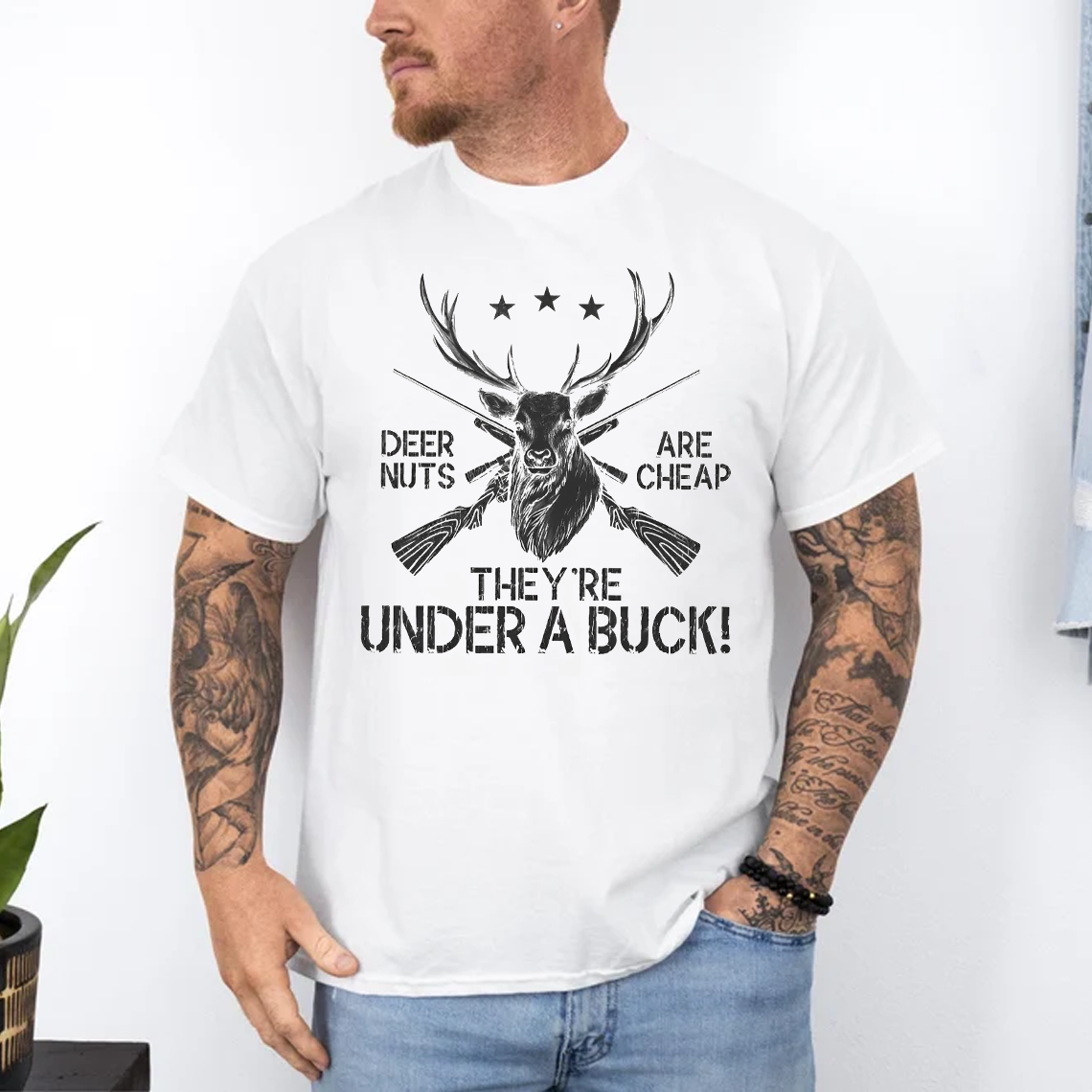 Funny Deer Hunting T-Shirt, Deer Nuts Are Cheap Under a Buck Shirt, Buck Hunter Joke Graphic Tee Gift