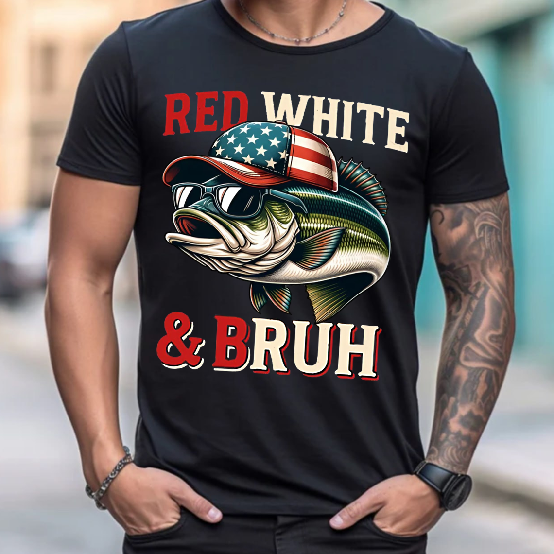 Red White & Bruh T-Shirt, Funny Patriotic Fishing Shirt, American Flag Bass Fishing Tee
