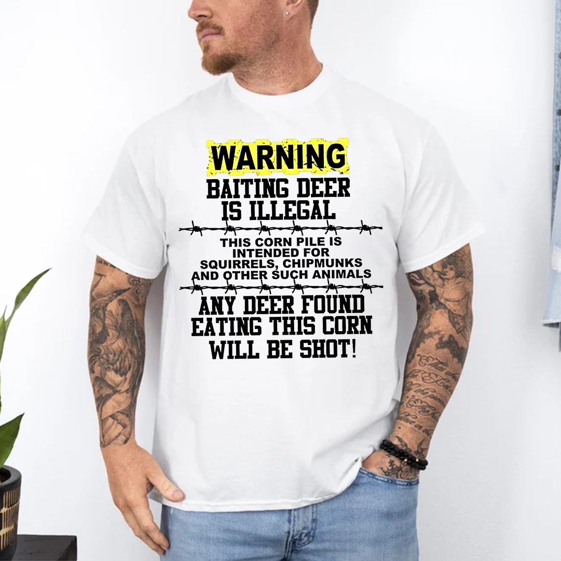 Funny Deer Hunting T-Shirt, Warning Baiting Deer Is Illegal Graphic Tee, Hunter Joke Shirt for Men