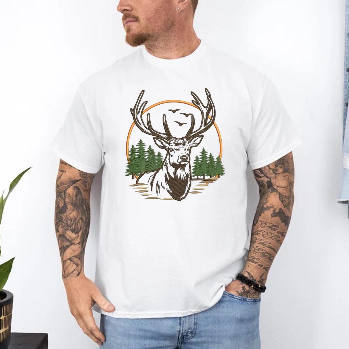 Deer Embroidery T-Shirt, Hunting Buck Graphic Tee, Outdoor Wildlife Embroidered Shirt Gift