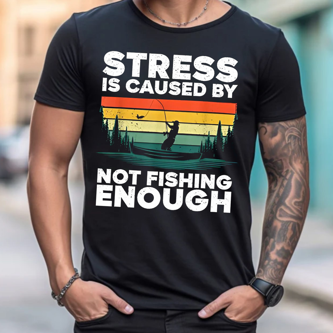 Funny Fishing T-Shirt, Stress Is Caused by Not Fishing Enough Retro Vintage Fisherman Graphic Tee Gift