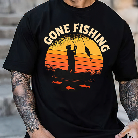 Gone Fishing T-Shirt, Retro Sunset Fisherman Shirt, Vintage Fishing Graphic Tee