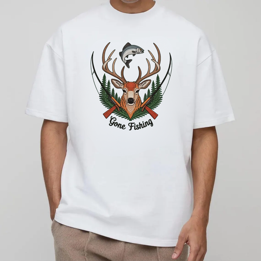 Gone Fishing Embroidery T-Shirt, Deer Buck and Fish Hunting Graphic Tee, Outdoor Wildlife Embroidered Shirt Gift