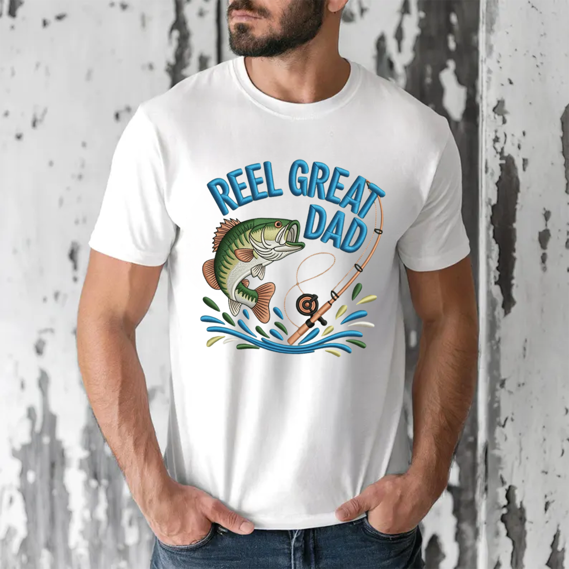 Reel Great Dad Embroidery T-Shirt, Funny Fishing Bass Graphic Tee, Fisherman Embroidered Shirt Gift