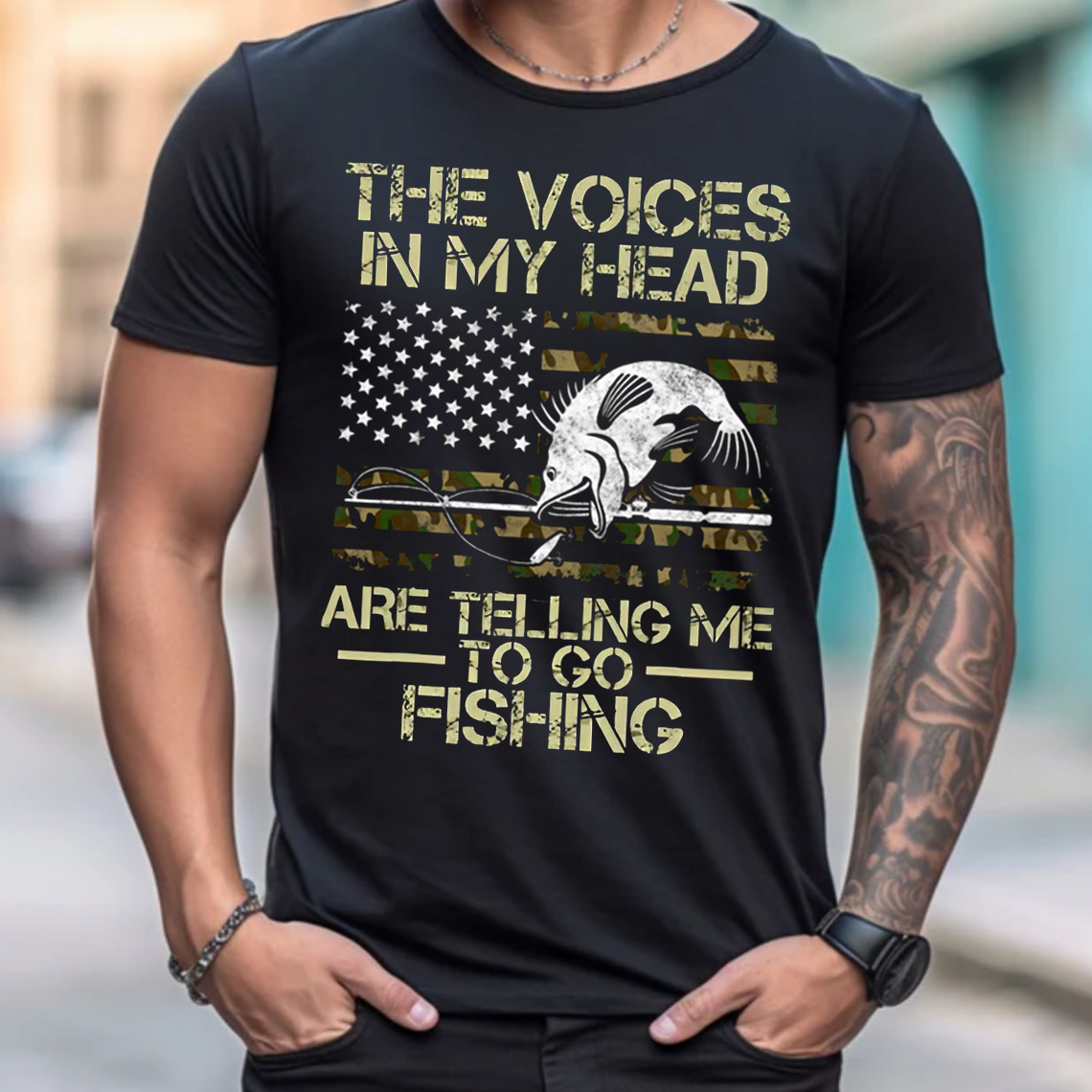 Funny Fishing T-Shirt for Men, The Voices in My Head Are Telling Me to Go Fishing Shirt, Bass Fish American Flag Tee