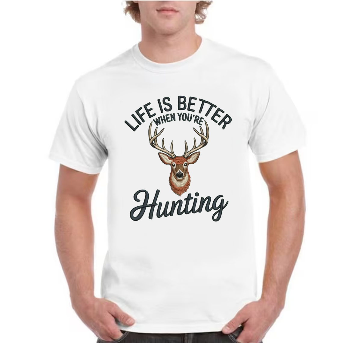 Life Is Better Hunting Embroidery T-Shirt, Deer Buck Hunting Graphic Tee for Men, Outdoor Hunter Embroidered Shirt Gift
