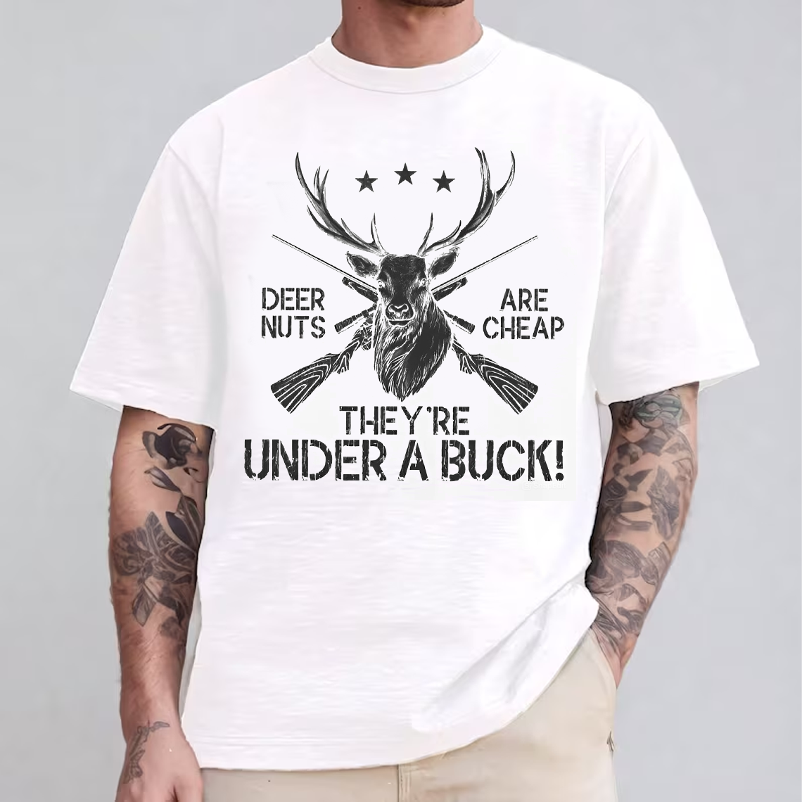 Funny Deer Hunting T-Shirt, Deer Nuts Are Cheap Under a Buck Shirt, Buck Hunter Joke Graphic Tee Gift