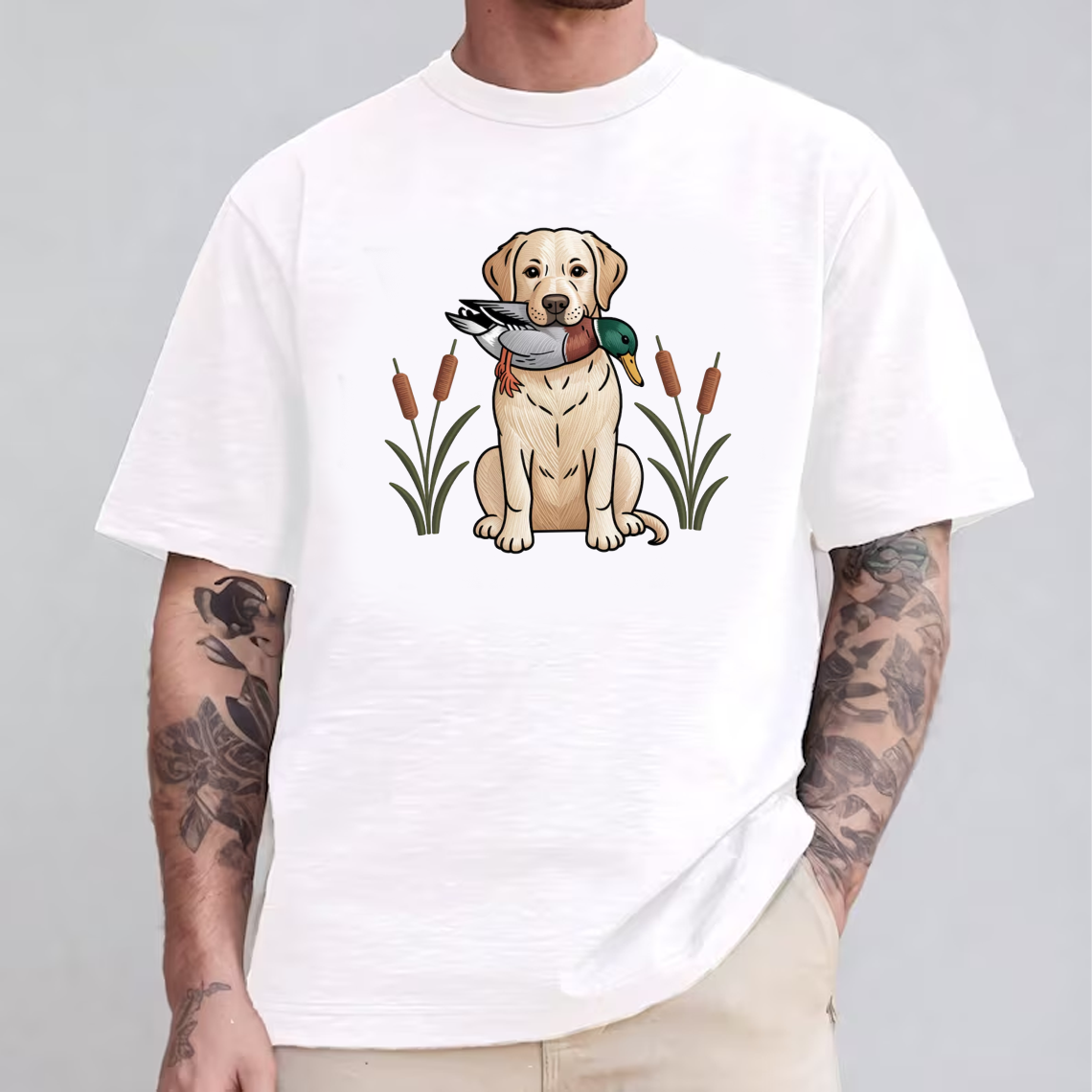 Hunting Dog Labrador and Duck Tee, Embroidered Graphic T-Shirt