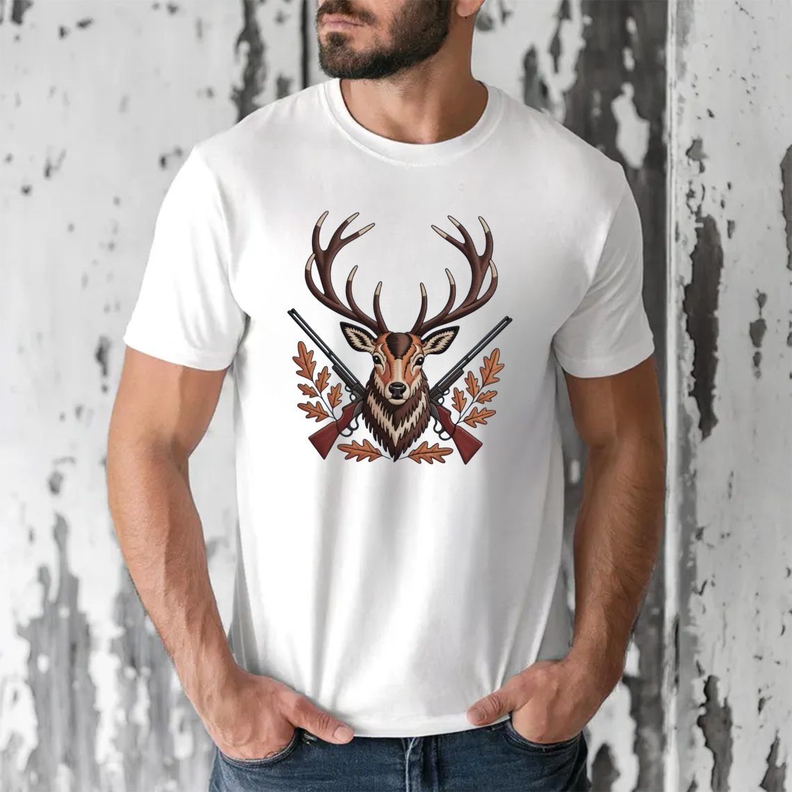 Deer Hunting Embroidery T-Shirt, Buck Head with Rifles Outdoor Hunter Graphic Tee, Wildlife Embroidered Shirt Gift