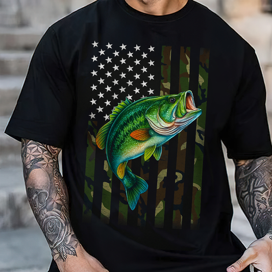 American Flag Camo Fishing T-Shirt, Patriotic Bass Fish Shirt, USA Angler Tee