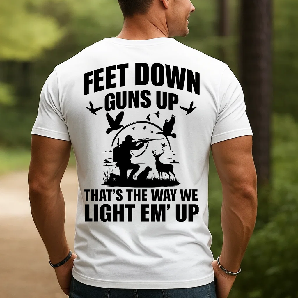 Feet Down Guns Up Hunting T-Shirt, Funny Hunter Quote Tee for Men, Duck Deer Hunting Gift