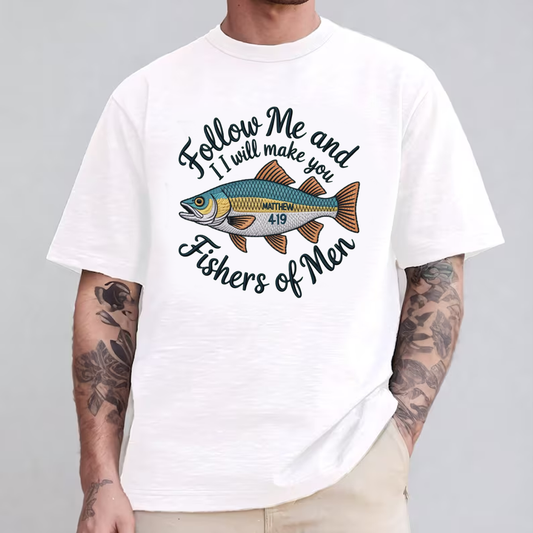 Christian Embroidery T-Shirt, Follow Me and I Will Make You Fishers of Men Shirt, Matthew 4:19 Bible Verse Tee