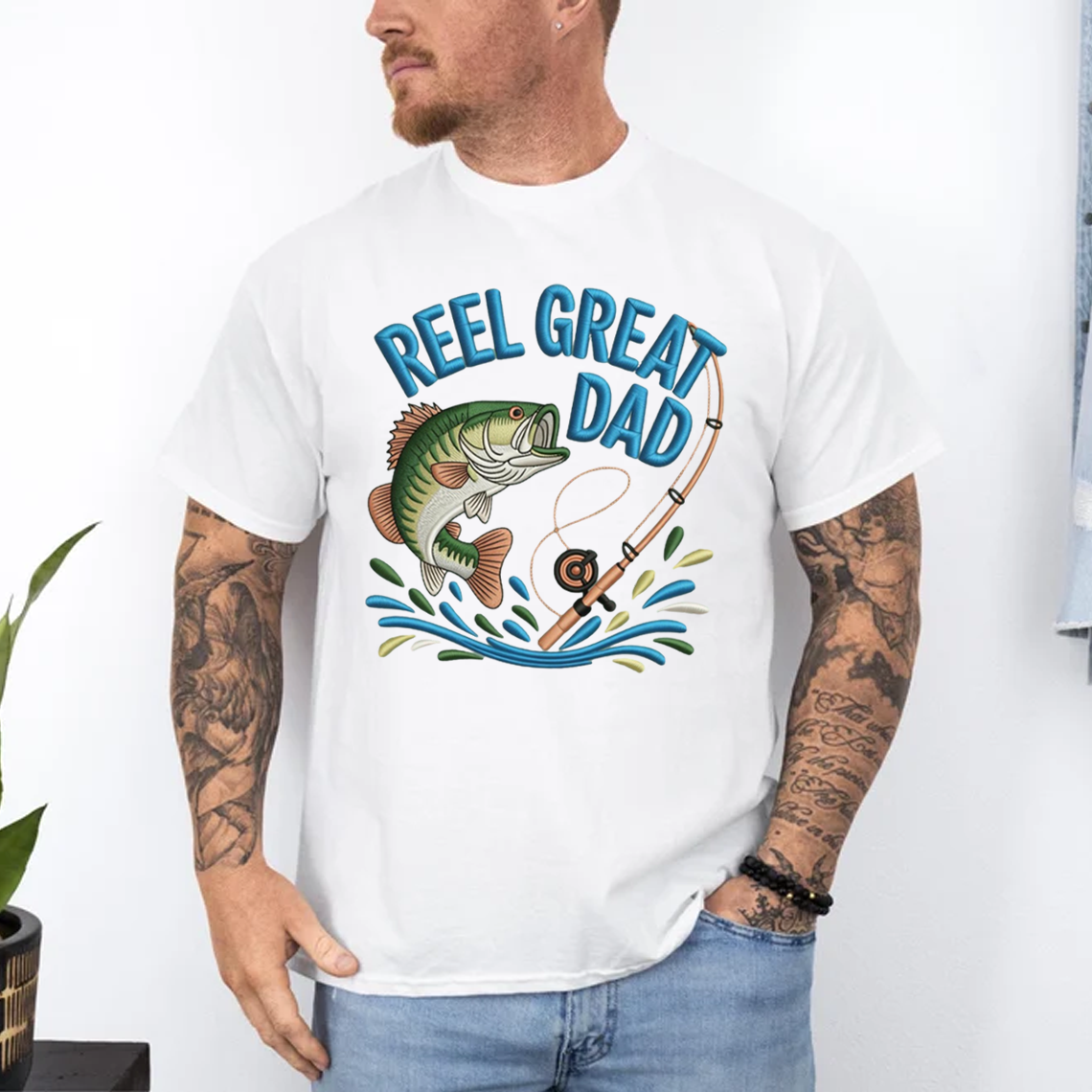 Reel Great Dad Embroidery T-Shirt, Funny Fishing Bass Graphic Tee, Fisherman Embroidered Shirt Gift