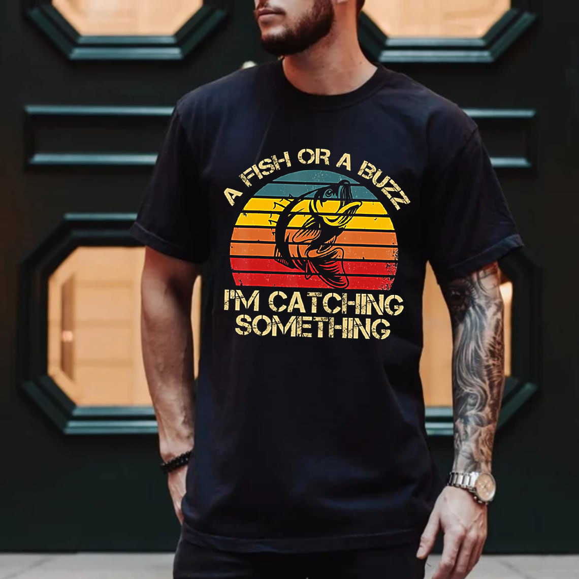 Funny Fishing T-Shirt, A Fish or a Buzz I’m Catching Something Retro Vintage Bass Graphic Tee Gift