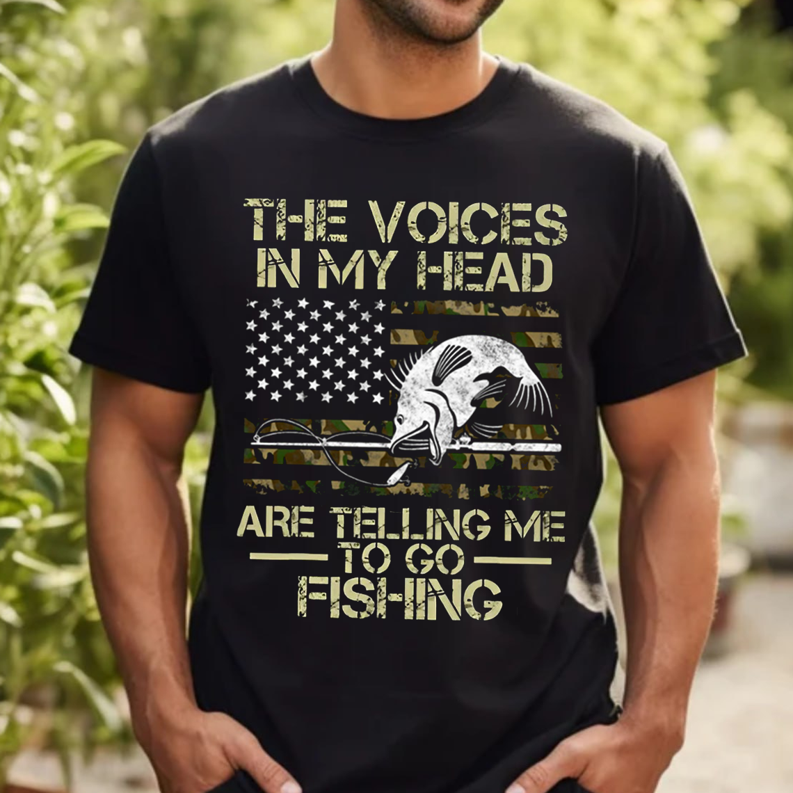Funny Fishing T-Shirt for Men, The Voices in My Head Are Telling Me to Go Fishing Shirt, Bass Fish American Flag Tee