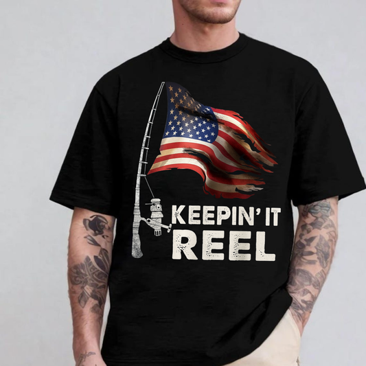 Keepin’ It Reel Fishing Shirt, American Flag Patriotic Funny Fisher T-Shirt Gift