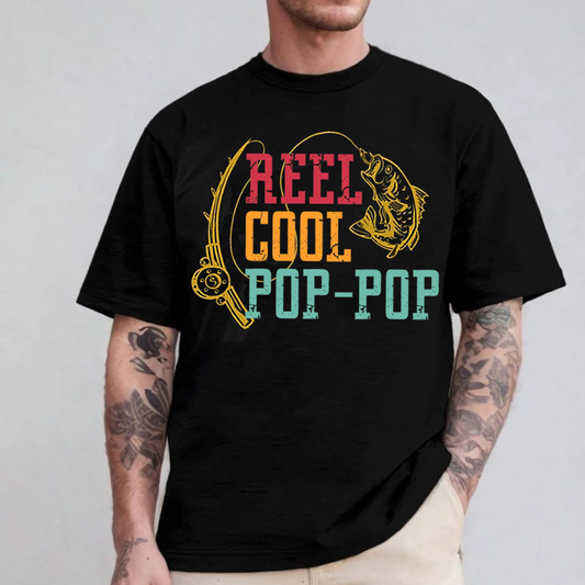 Reel Cool Pop-Pop T-Shirt, Funny Grandpa Fishing Shirt, Retro Vintage Fisherman Tee