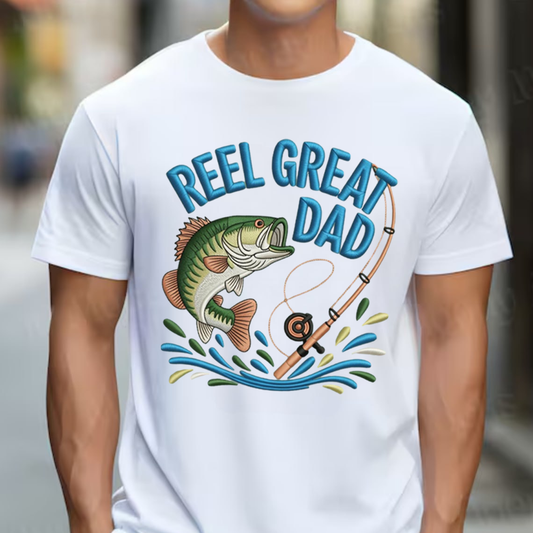 Reel Great Dad Embroidery T-Shirt, Funny Fishing Bass Graphic Tee, Fisherman Embroidered Shirt Gift