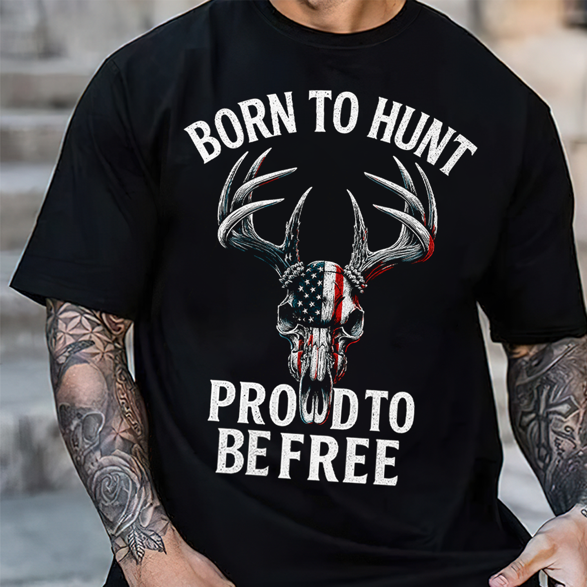Born to Hunt Proud to Be Free T-Shirt, Patriotic Deer Skull Hunting Shirt with American Flag