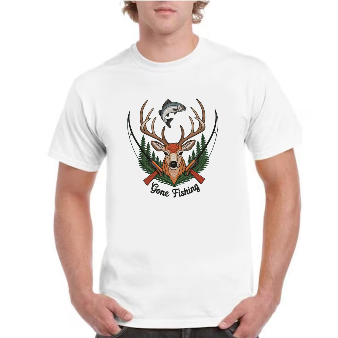 Gone Fishing Embroidery T-Shirt, Deer Buck and Fish Hunting Graphic Tee, Outdoor Wildlife Embroidered Shirt Gift