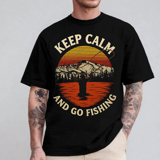 Keep Calm and Go Fishing T-Shirt, Retro Sunset Fisherman Shirt, Funny Angler Tee