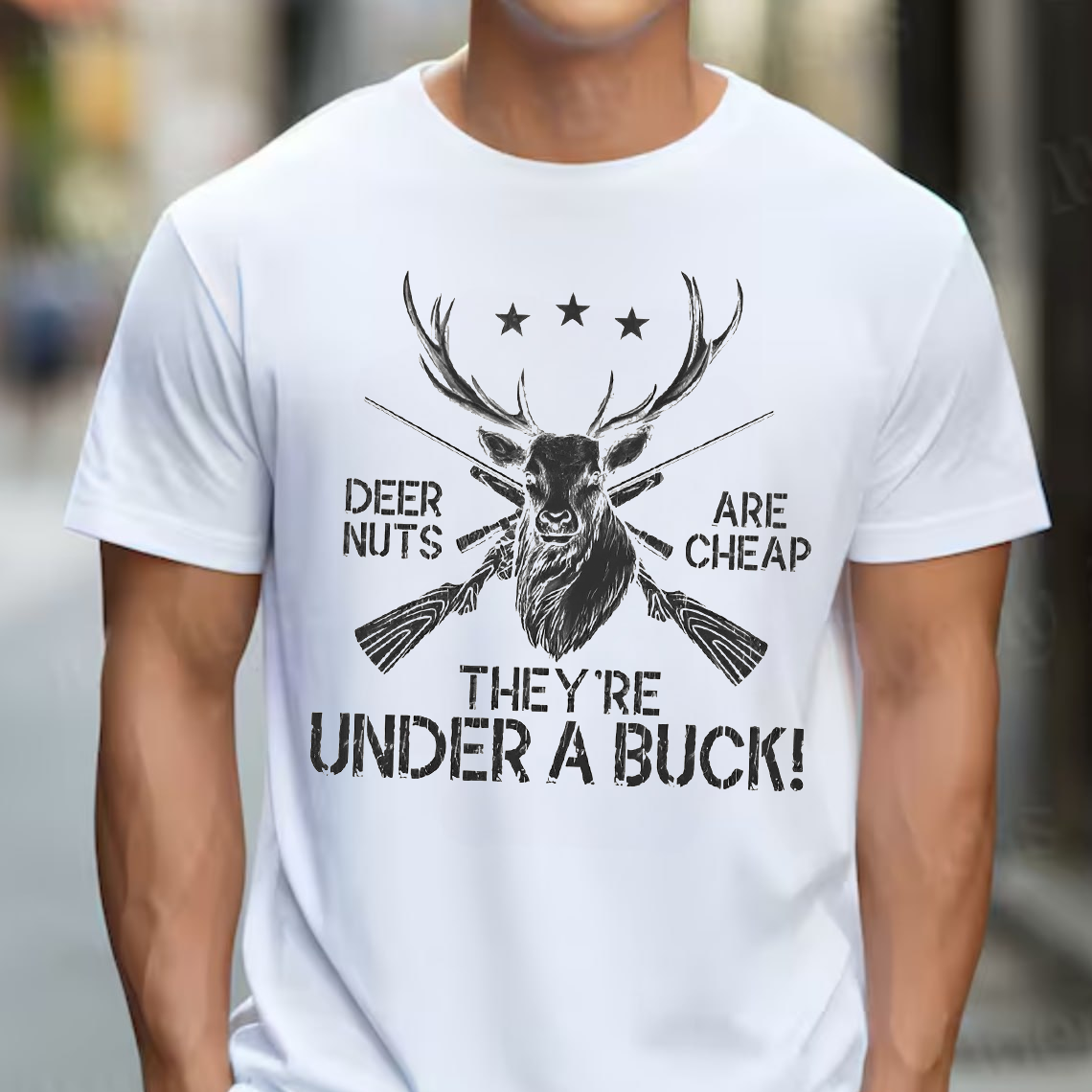 Funny Deer Hunting T-Shirt, Deer Nuts Are Cheap Under a Buck Shirt, Buck Hunter Joke Graphic Tee Gift