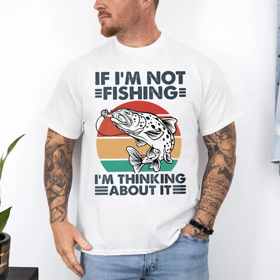 Funny Fishing T-Shirt, If I’m Not Fishing I’m Thinking About It Retro Trout Graphic Tee Gift for Fishermen