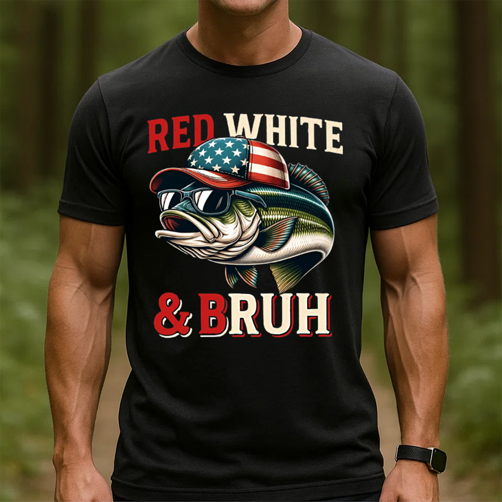 Red White & Bruh T-Shirt, Funny Patriotic Fishing Shirt, American Flag Bass Fishing Tee