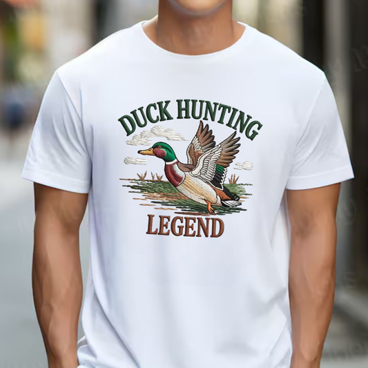 Duck Hunting Legend Embroidery T-Shirt, Waterfowl Hunting Graphic Tee for Men, Outdoor Hunter Embroidered Shirt Gift
