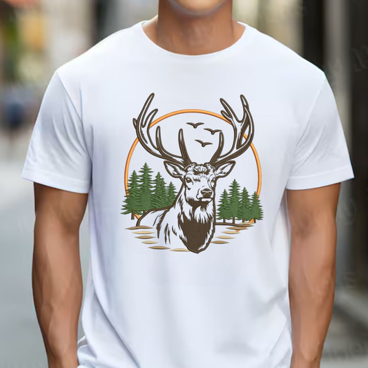 Deer Embroidery T-Shirt, Hunting Buck Graphic Tee, Outdoor Wildlife Embroidered Shirt Gift