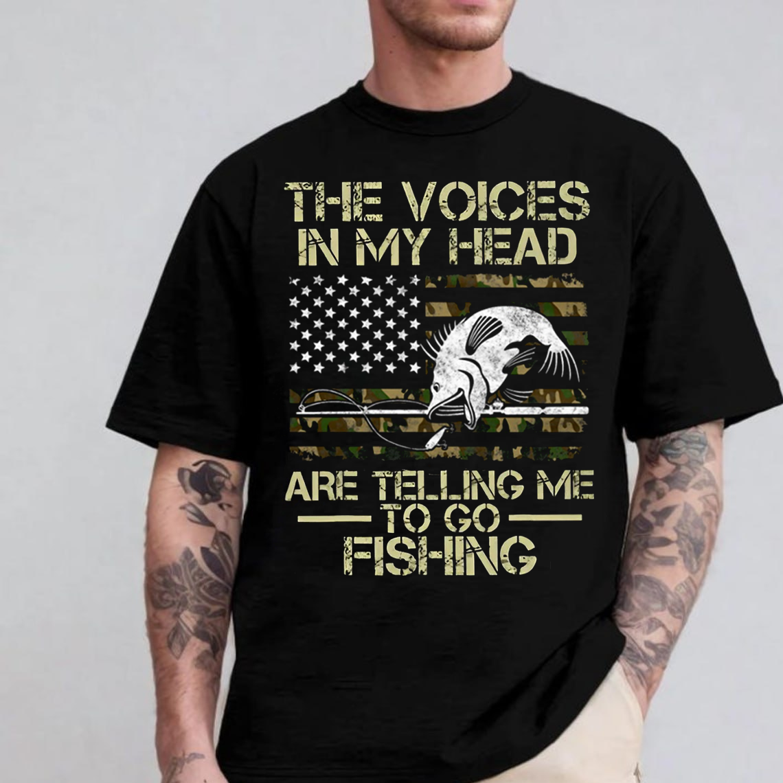 Funny Fishing T-Shirt for Men, The Voices in My Head Are Telling Me to Go Fishing Shirt, Bass Fish American Flag Tee