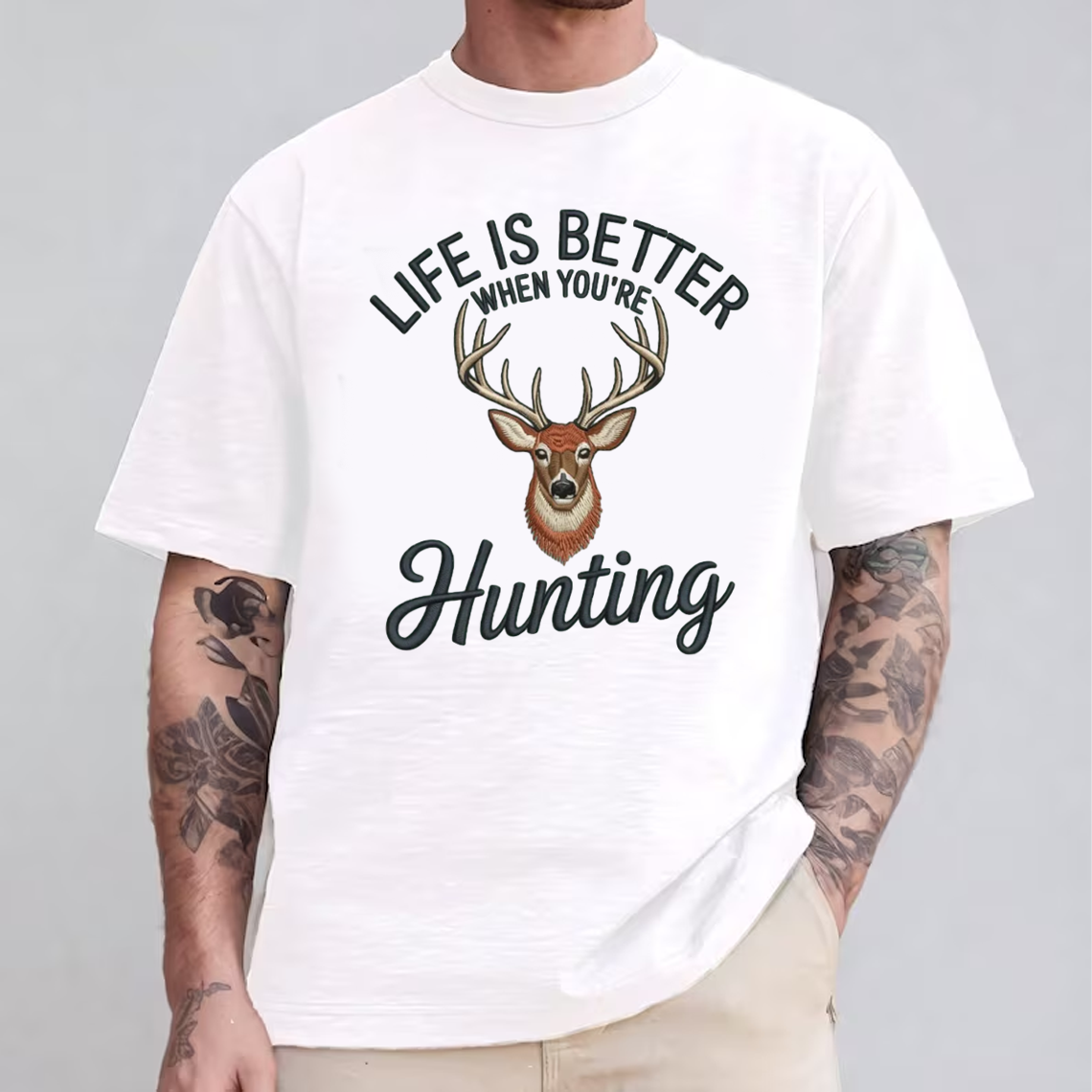 Life Is Better Hunting Embroidery T-Shirt, Deer Buck Hunting Graphic Tee for Men, Outdoor Hunter Embroidered Shirt Gift