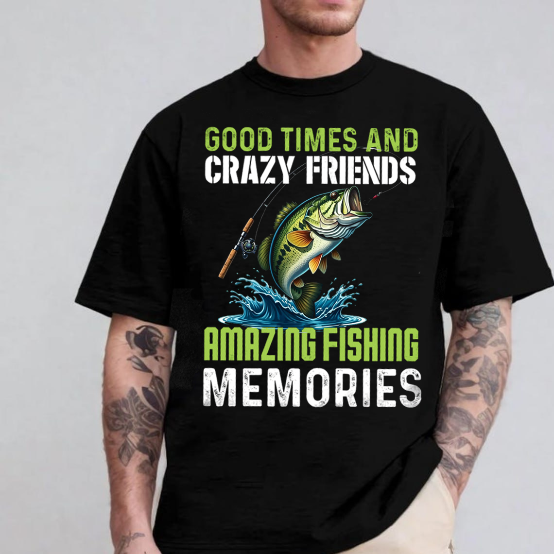 Funny Fishing T-Shirt, Good Times and Crazy Friends Amazing Fishing Memories Bass Graphic Tee Gift
