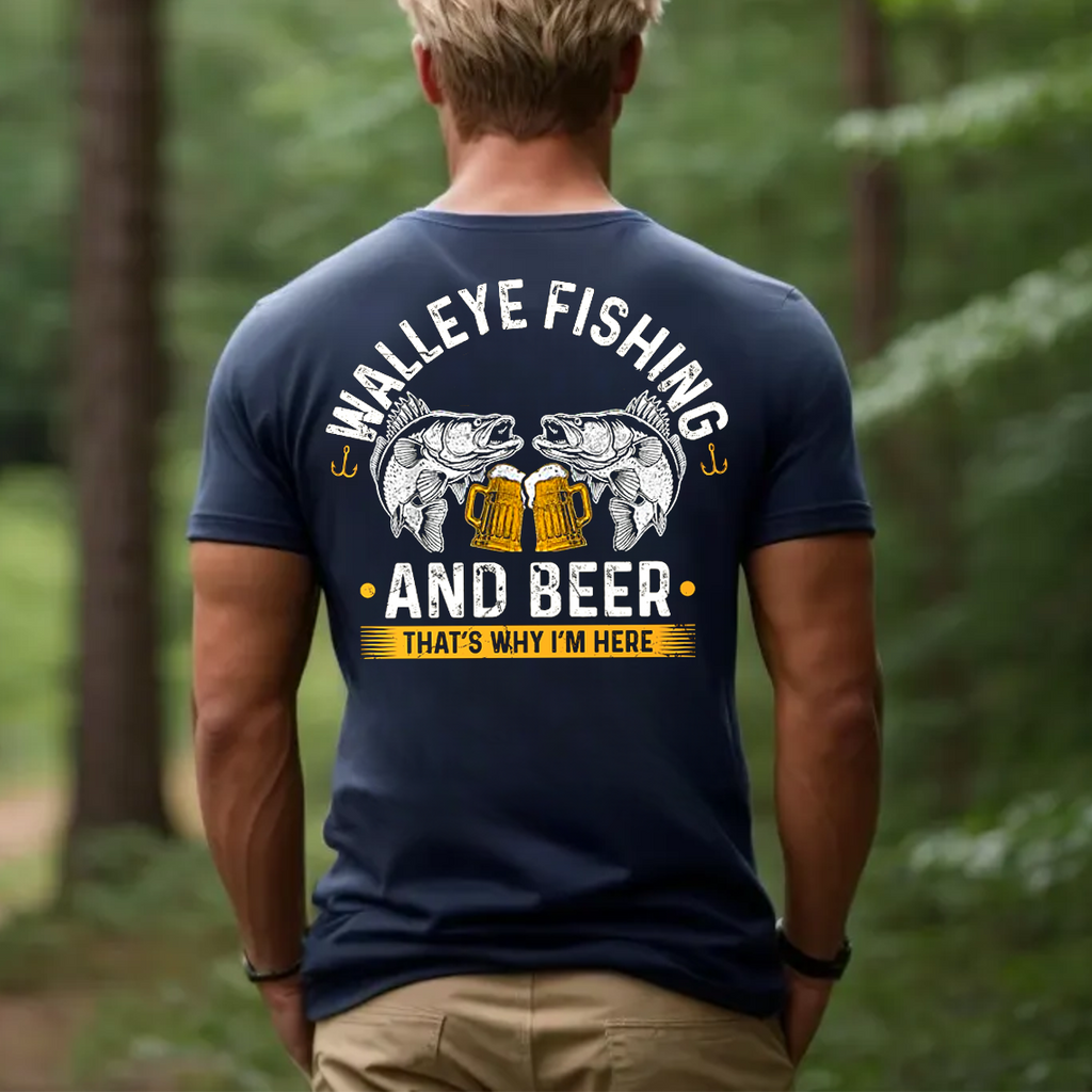 Walleye Fishing and Beer T-Shirt, Funny Fisherman Gift Tee for Men, Drinking Fishing Shirt
