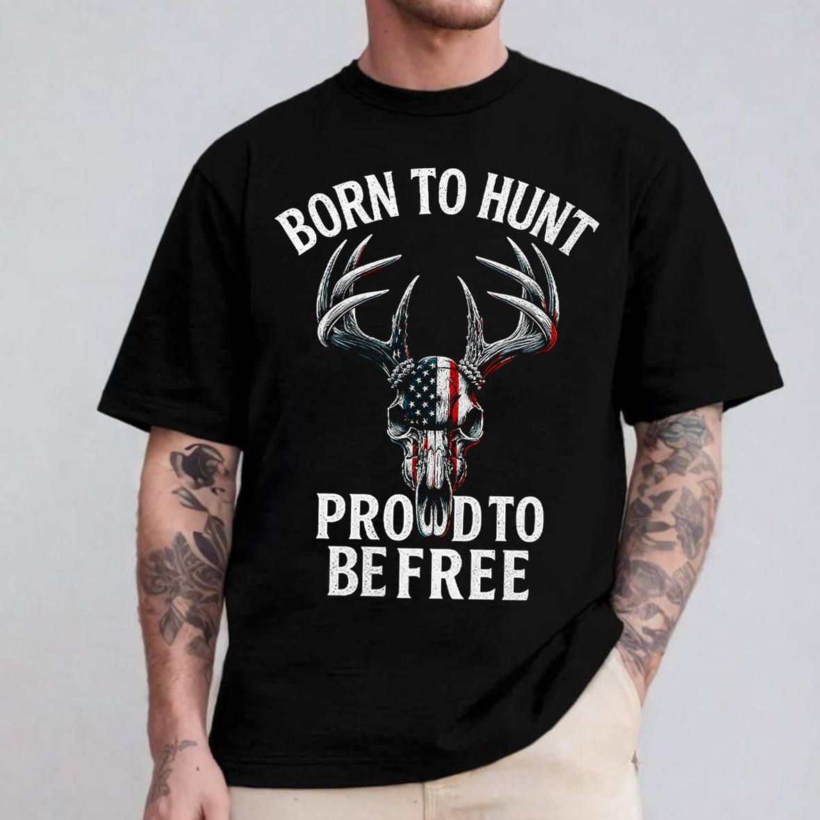 Born to Hunt Proud to Be Free T-Shirt, Patriotic Deer Skull Hunting Shirt with American Flag