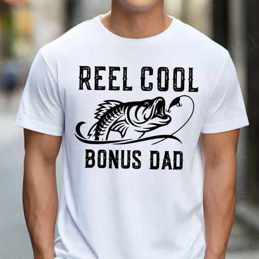 Reel Cool Bonus Dad T-Shirt, Funny Fishing Shirt for Stepdad, Fisherman Gift