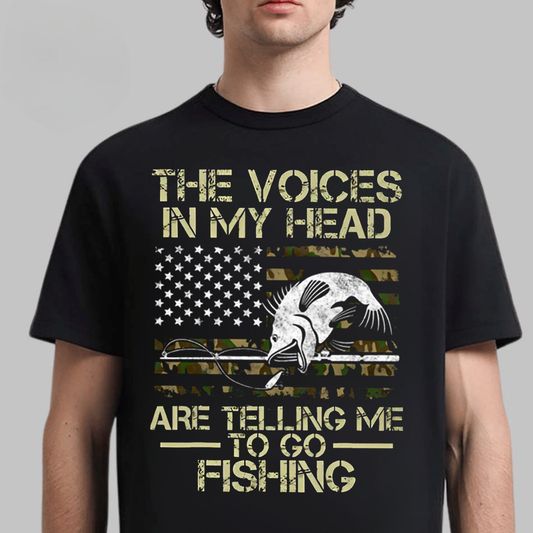 Funny Fishing T-Shirt for Men, The Voices in My Head Are Telling Me to Go Fishing Shirt, Bass Fish American Flag Tee