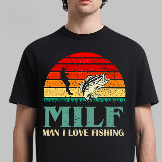 MILF Man I Love Fishing T-Shirt, Funny Bass Fishing Shirt, Retro Sunset Angler Tee, Fisherman Gift Idea